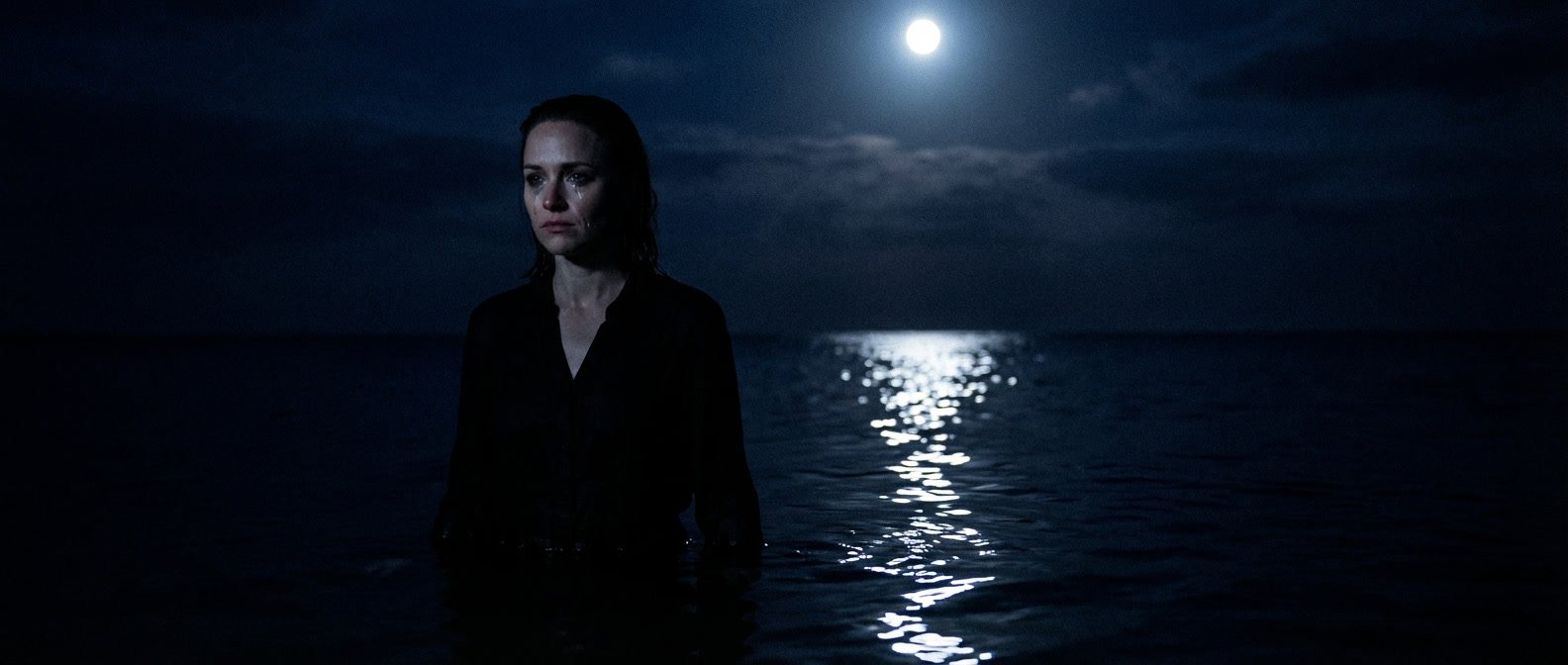 Full Moon in Scorpio April 2026 effects and meaning — woman standing in dark water at night under a luminous full moon, dramatic and transformative atmosphere